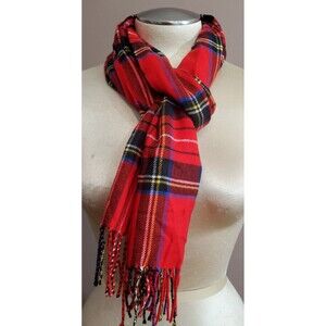 Cashmere Feel Scarf Red Black Plaid Fringe Woven Reverses 12x66" Italy Soft Warm